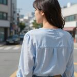 홀터넥 블라우스 여름 스타일링 여름 홀터넥 블라우스를 입은 여성의 뒷모습, 목과 어깨 라인이 강조된 시원한 룩