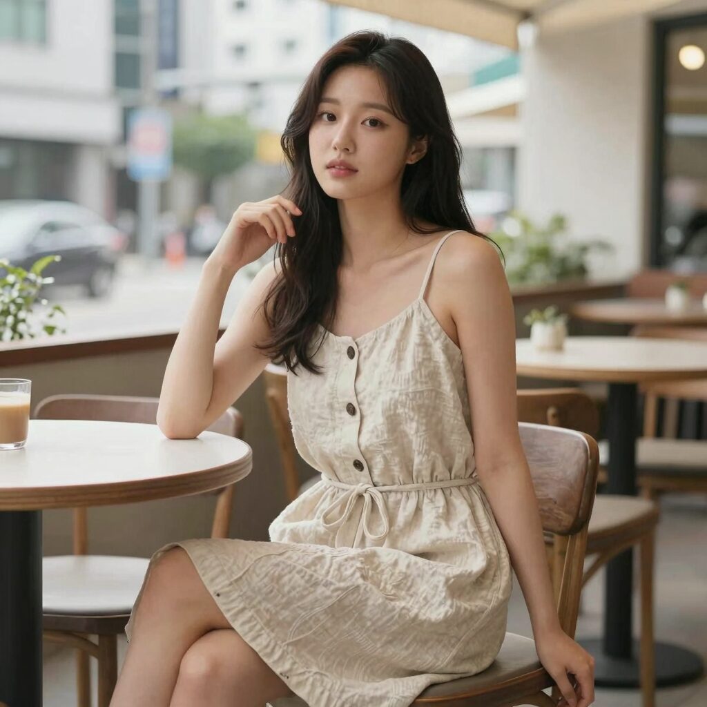린넨 나시 원피스를 입고 야외 카페에서 여유로운 포즈를 취한 모습