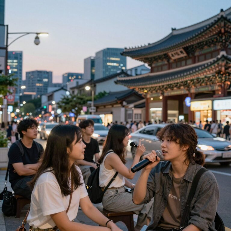 여름밤 도시 불빛 아래 시티팝 노래를 듣는 분위기