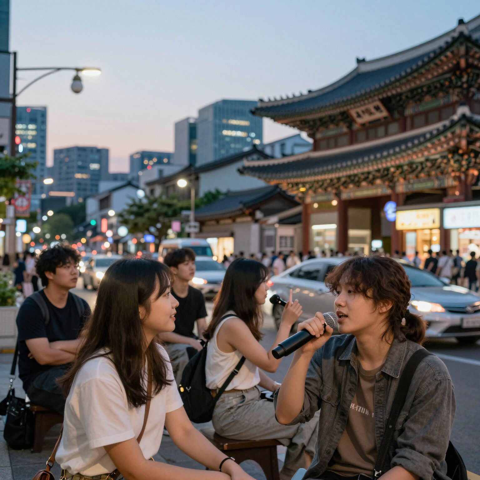 여름밤 도시 불빛 아래 시티팝 노래를 듣는 분위기