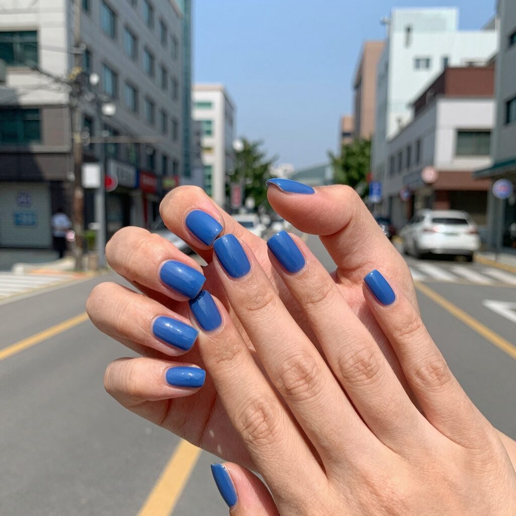 여름 셀프 네일 페디 완성샷 발톱에 시원한 블루 스트립이 부착된 모습