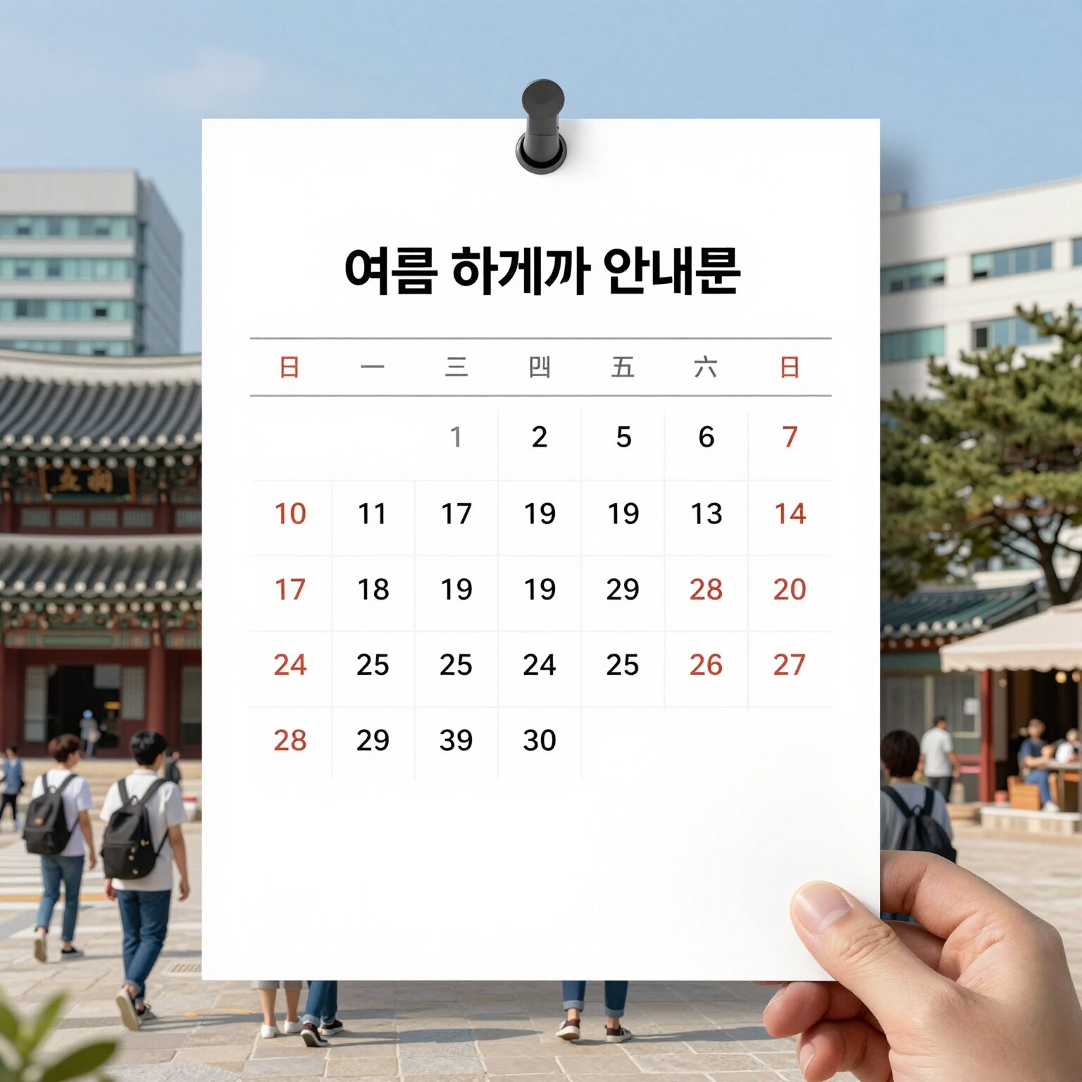 여름 하계휴가 안내문 샘플 이미지. 달력과 휴가 일정이 표시된 깔끔한 디자인의 안내문 예시