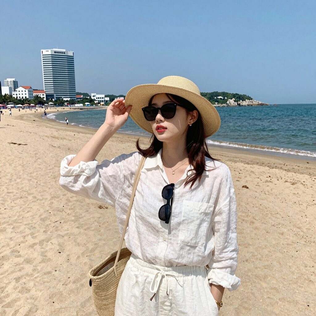 여름 휴가 이미지 연출을 위한 밝은 린넨 룩과 선글라스, 와이드햇을 착용한 사람이 해변에서 포즈를 취하고 있는 모습
