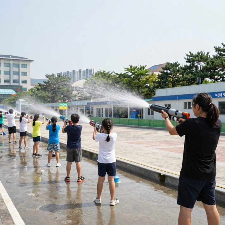 에버랜드 물총축제 슈팅워터펀에서 아이들과 함께 물총을 쏘며 즐기는 모습