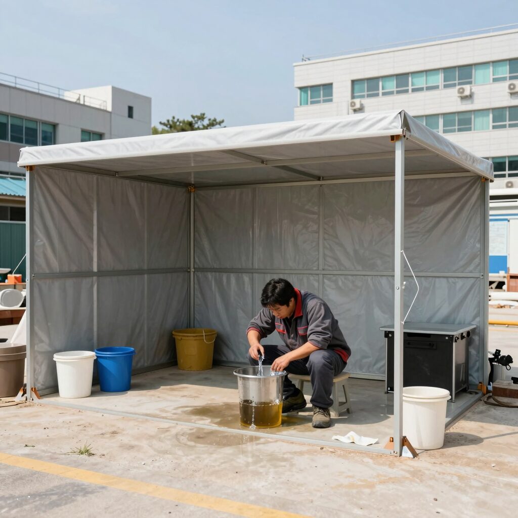 그늘막과 냉방기가 설치된 현장 쉼터에서 작업자가 물을 마시며 휴식하는 모습