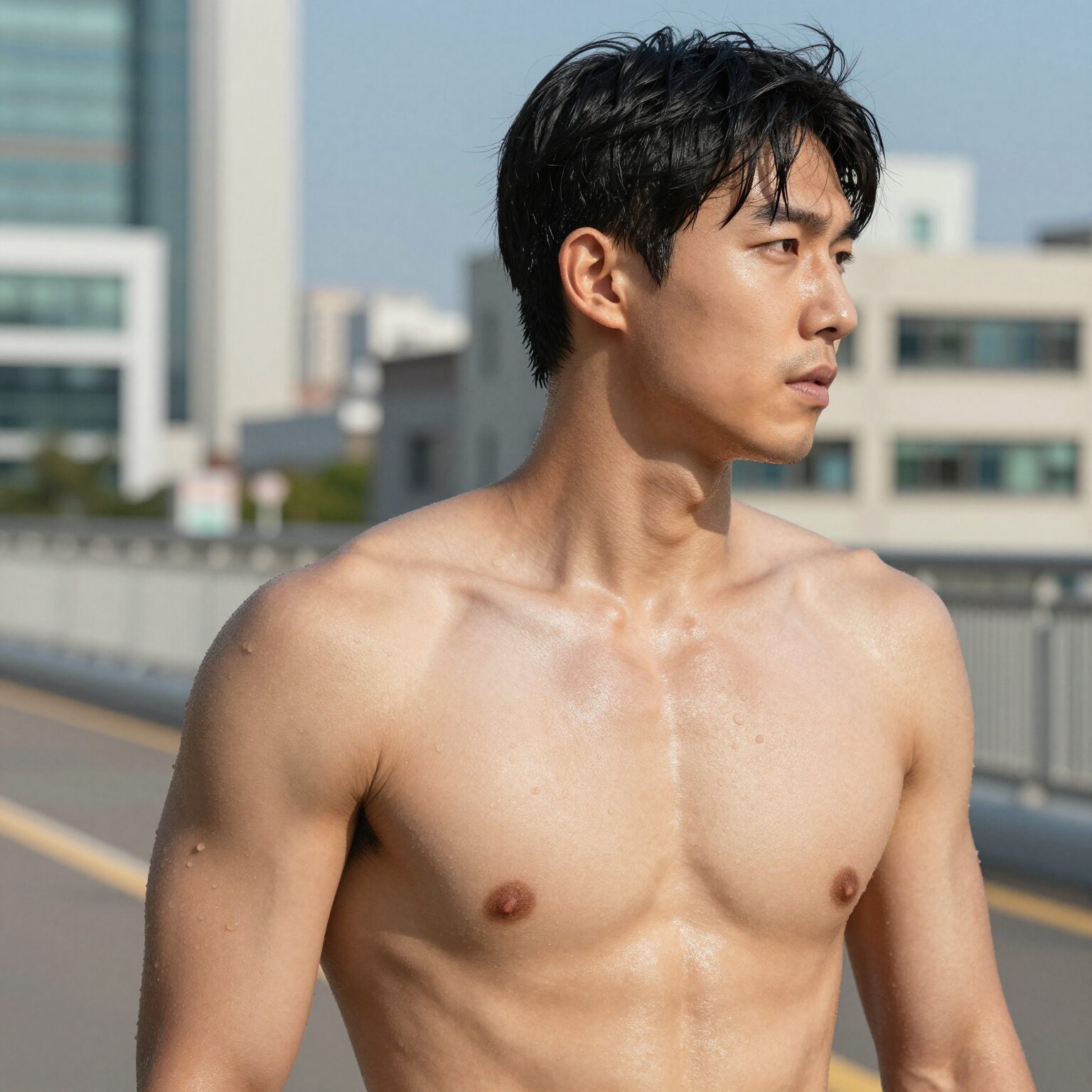 운동 중 땀을 흘리는 남성
