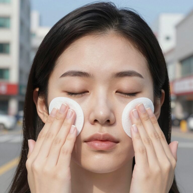 스웨트롤 패드를 얼굴에 바르는 과정, 인중과 이마 부위 집중 도포