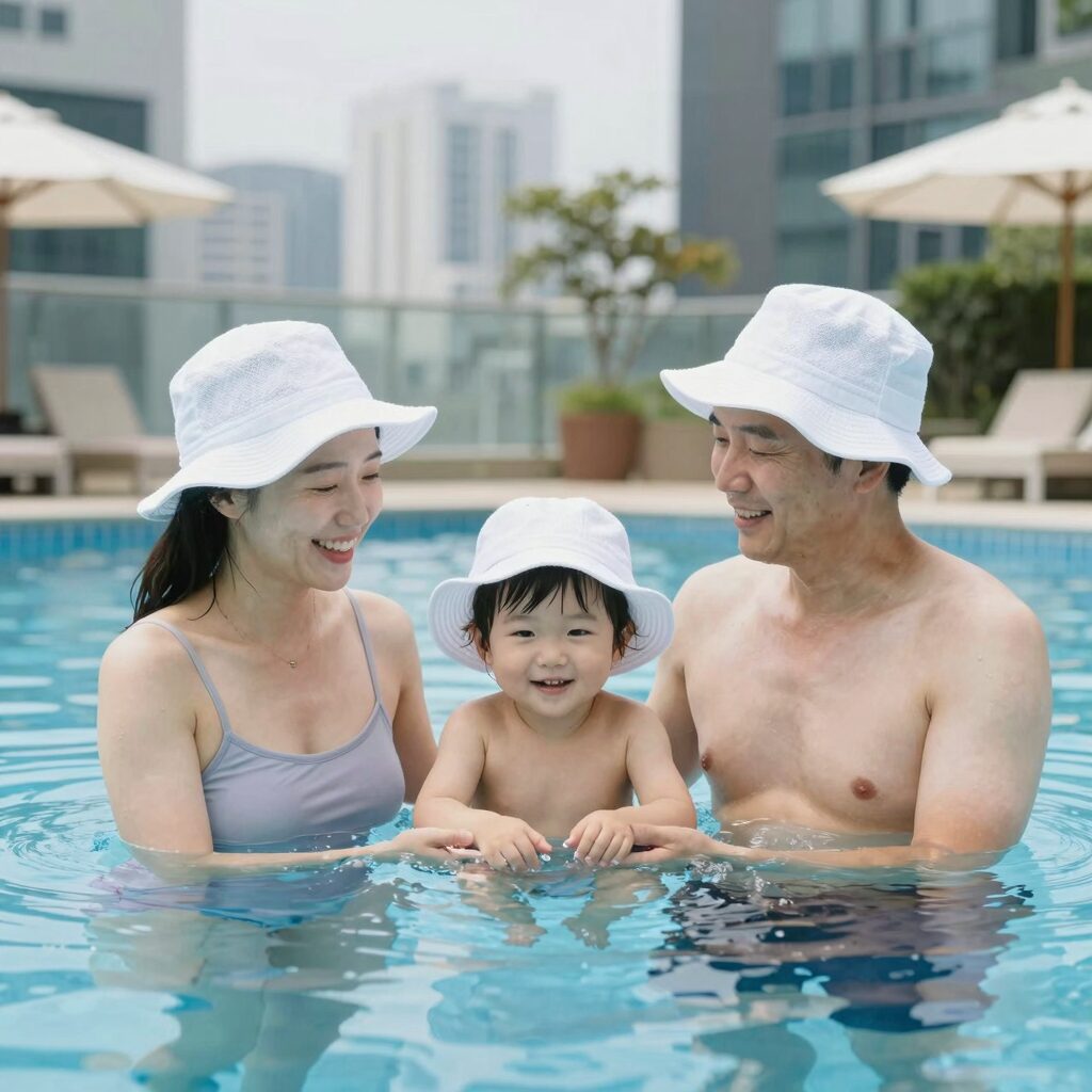 호텔 수영장에서 수영장 모자를 착용한 가족 모습