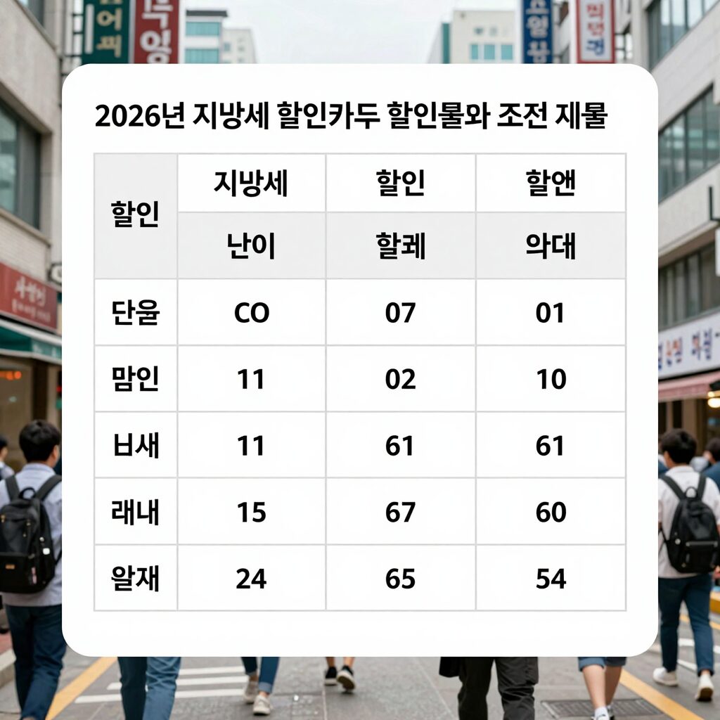 2026년 지방세 할인카드 할인율과 조건 비교 표