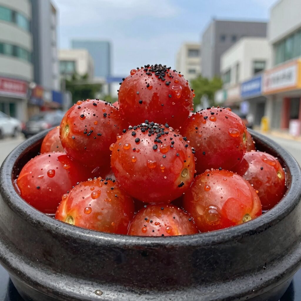 시원한 우뭇가사리 콩국 그릇 위에 오이와 방울토마토가 올려져 있고 통깨가 뿌려진 사진