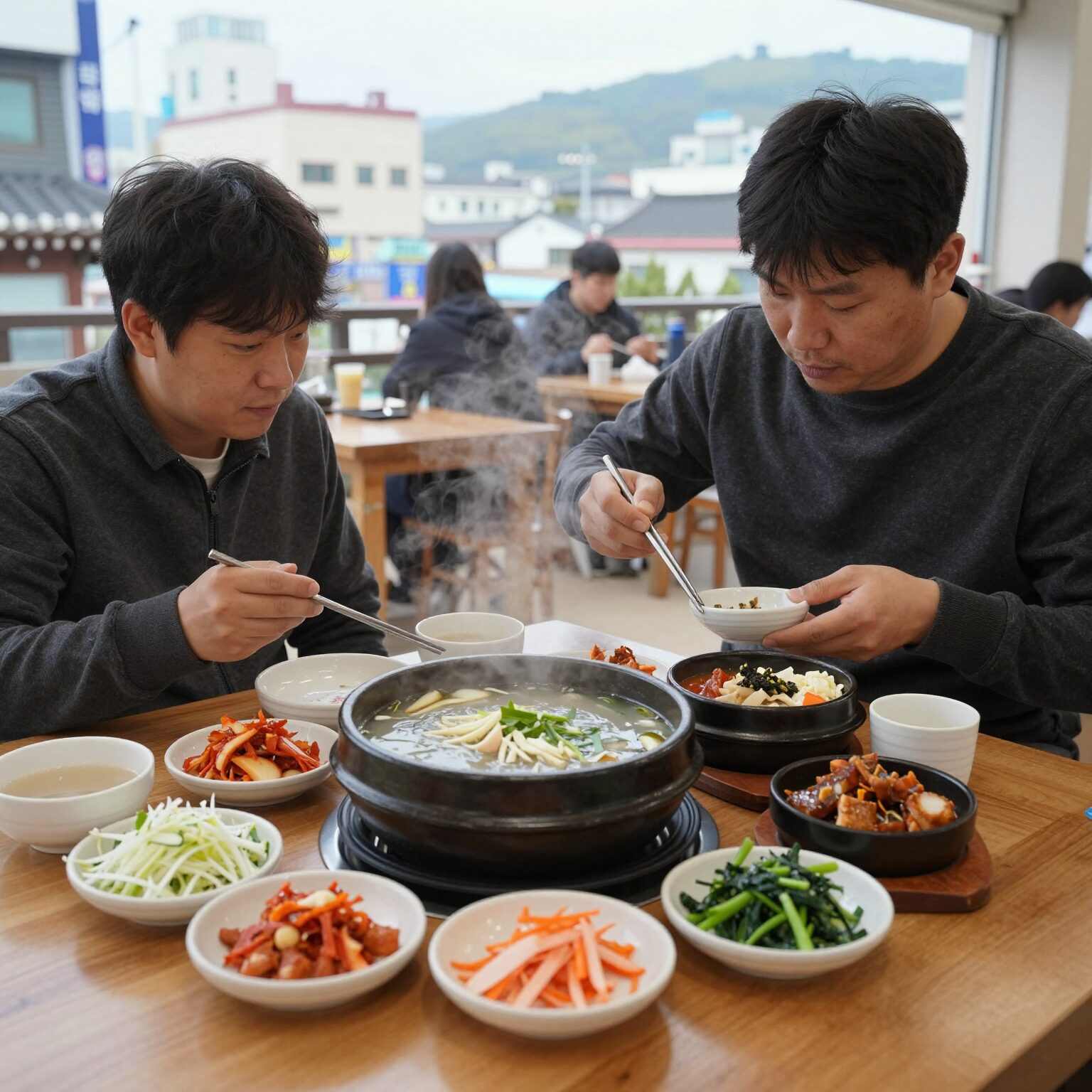 의정부 평양초계탕막국수에서 나온 초계탕과 기본 반찬 상차림
