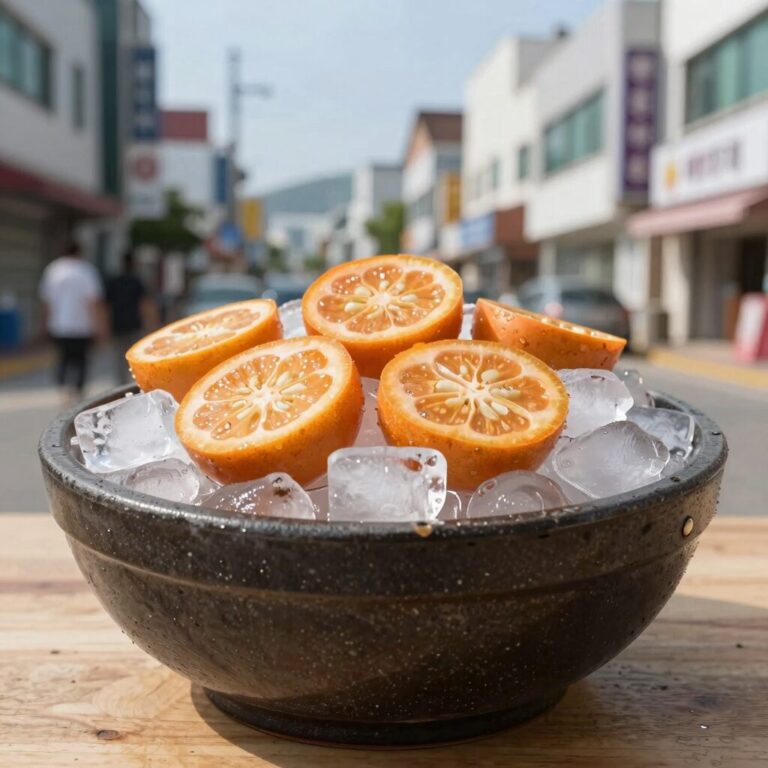시원한 우뭇가사리 냉국 한 그릇에 오이와 얼음이 동동 떠 있는 사진