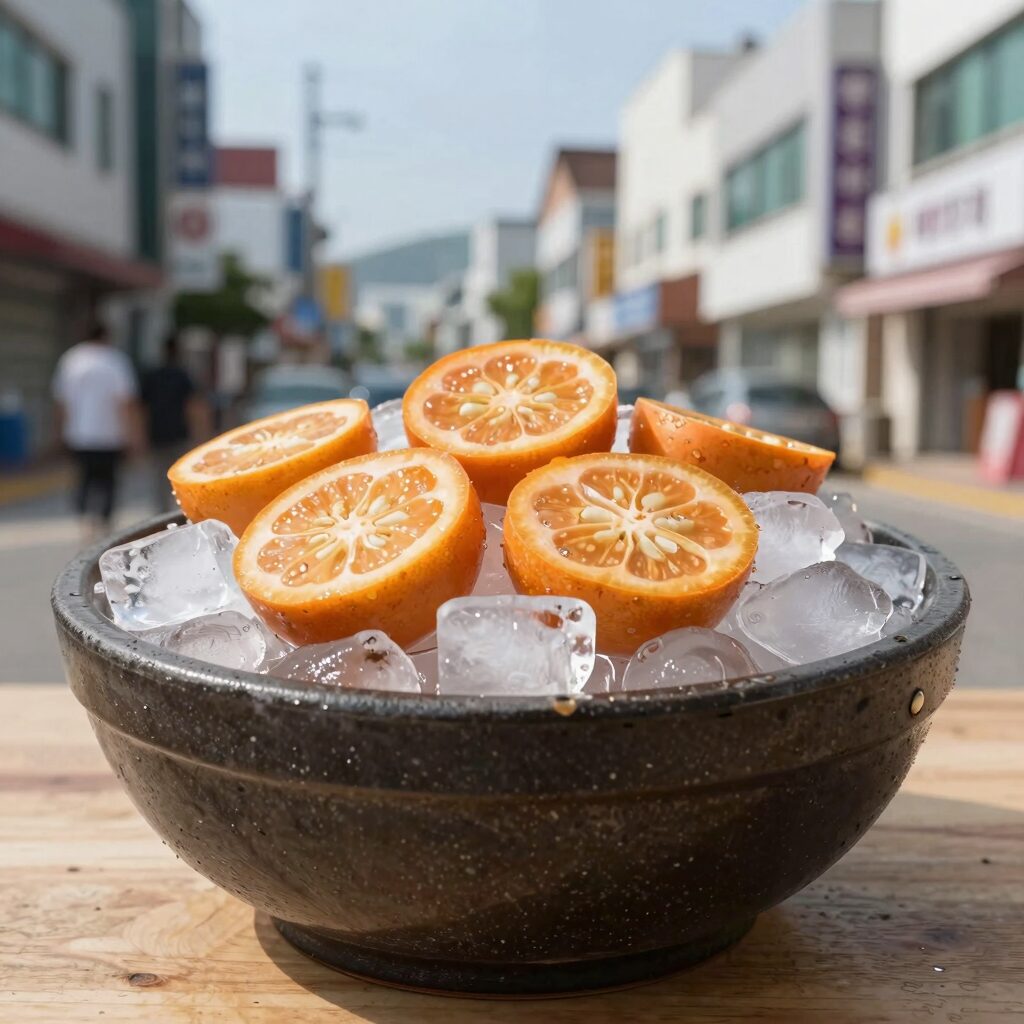 시원한 우뭇가사리 냉국 한 그릇에 오이와 얼음이 동동 떠 있는 사진