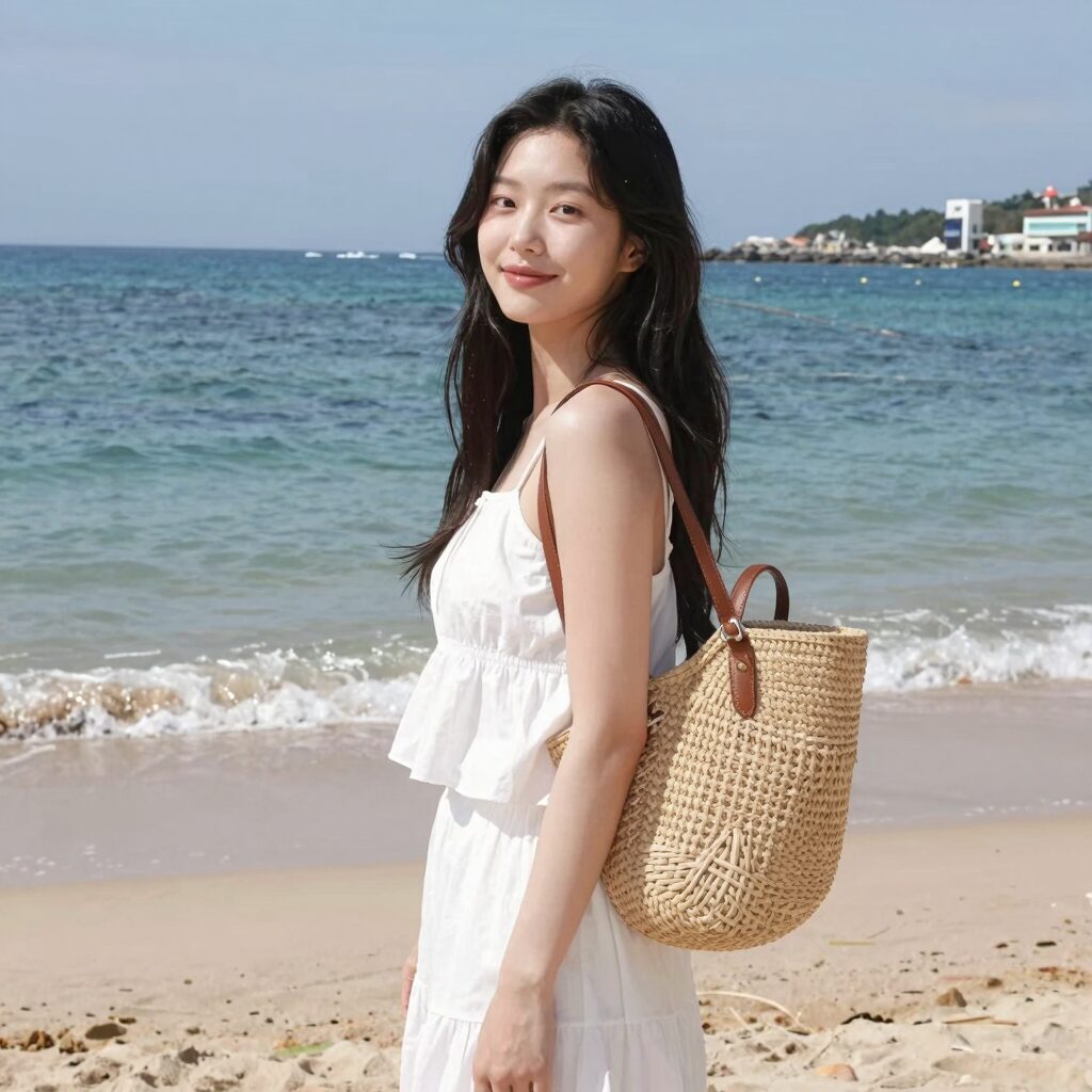 하와이 해변에서 화이트 탑과 라탄백을 착용한 최지우의 바캉스룩
