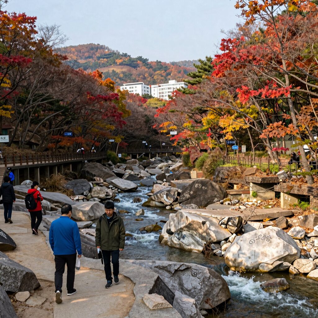 왕피천 생태탐방로에서 바라본 계곡 전경과 단풍