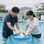 울크론 알약을 물에 녹여 수영장 소독하는 과정