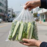 수박껍데기를 잘게 자른 후 음식물쓰레기 전용 봉투에 담아 배출하는 모습