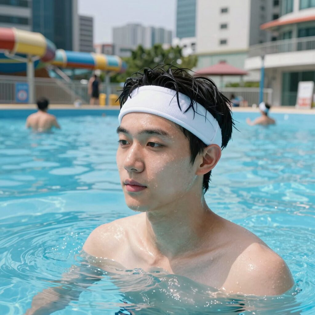 워터파크에서 물놀이를 즐기는 사람이 기능성 머리띠를 착용한 모습