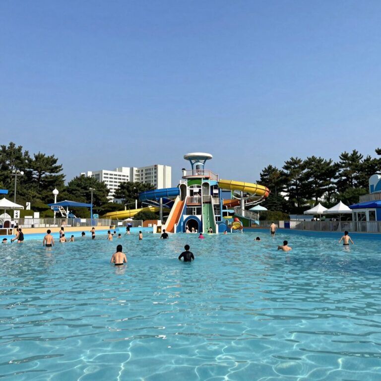 여름 워터파크 전경, 물놀이하는 사람들