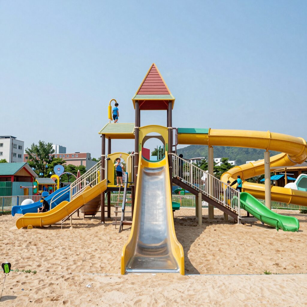 괴산 수옥정 물놀이장 전경과 에어바운스 미끄럼틀