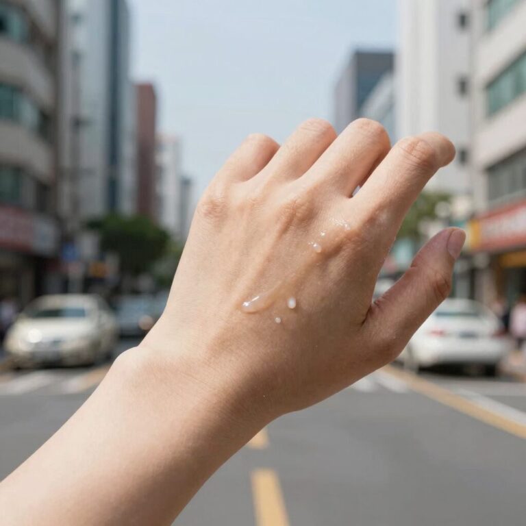 워터프루프 쿠션을 손등에 바르고 물에 씻어도 지워지지 않는 모습