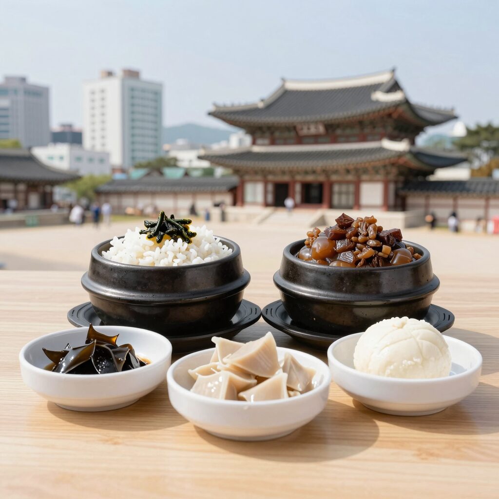 위례 삼계탕 수복삼계탕 숭늉삼계탕과 오곡삼계탕이 나란히 놓인 테이블 사진
