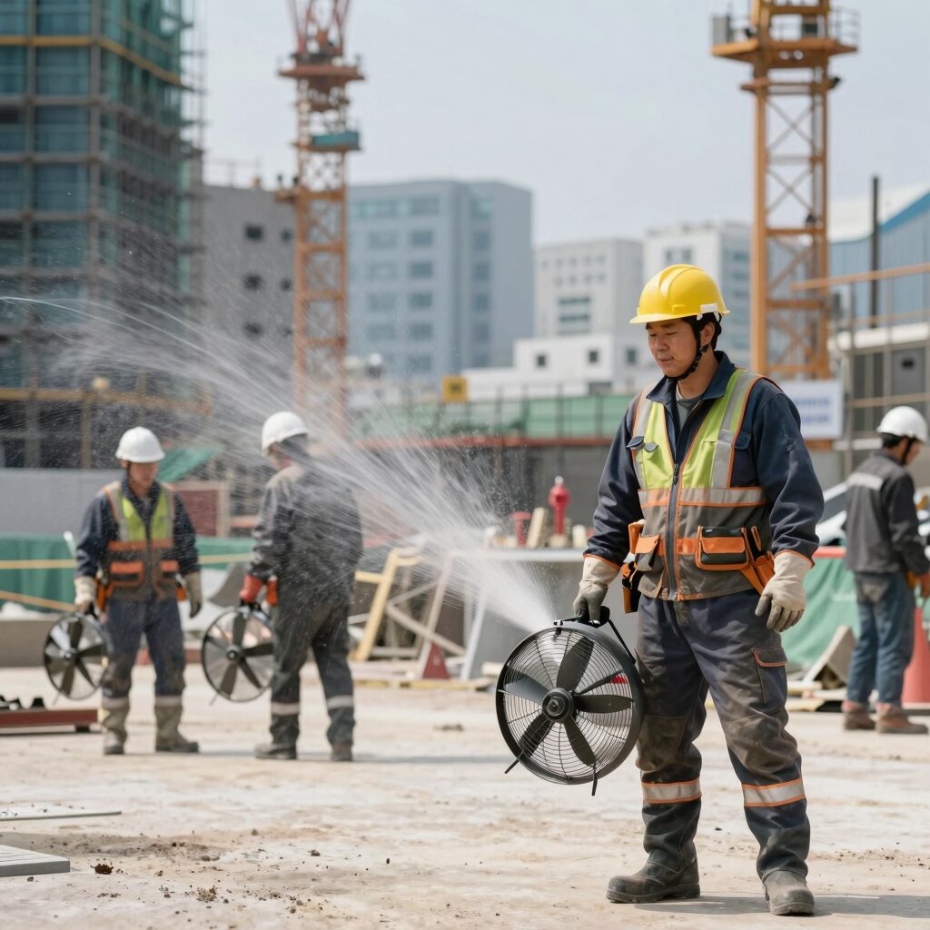 건설 현장에서 작업용 에어조끼를 착용한 모습. 등에 선풍기 팬이 보이고 시원한 바람을 받으며 작업하는 장면