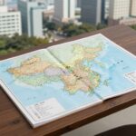 세계지리 책 추천 내가 고른 베스트 세계지리 책들이 펼쳐진 테이블 위에 놓인 지도와 함께 있는 모습