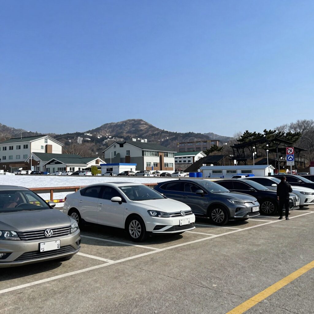 현대수상스키장 대형 주차장 전경으로 여러 대의 차량이 주차되어 있음