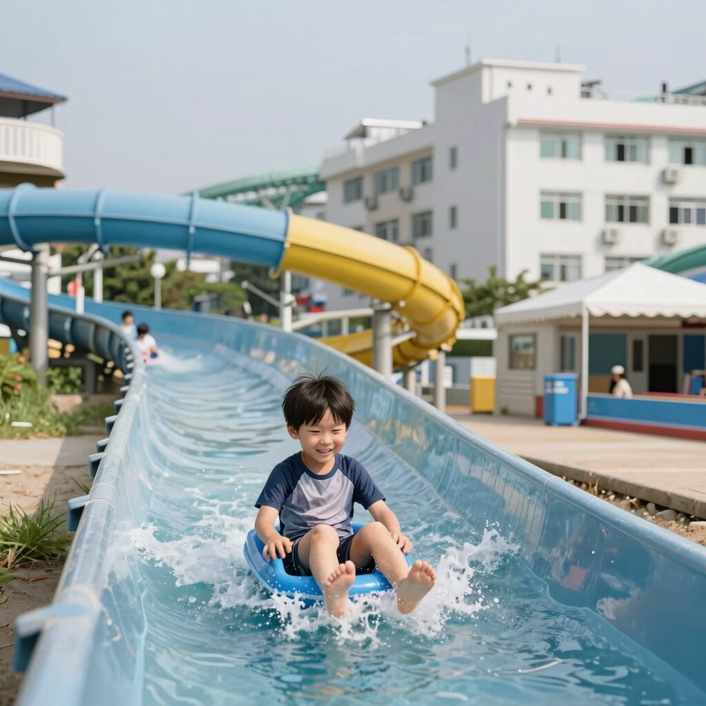 양산 캠프포레 워터슬라이드에서 아이들이 즐겁게 미끄럼틀을 타는 모습