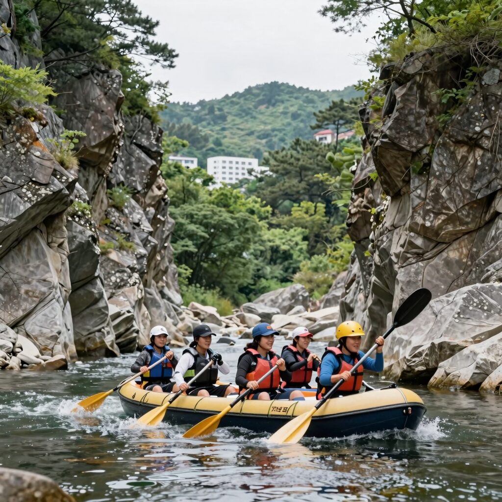 영월 동강 래프팅 보트 위에서 노를 젓는 사람들과 웃는 얼굴들, 뒤로 어라연 계곡과 기암괴석이 펼쳐진 풍경