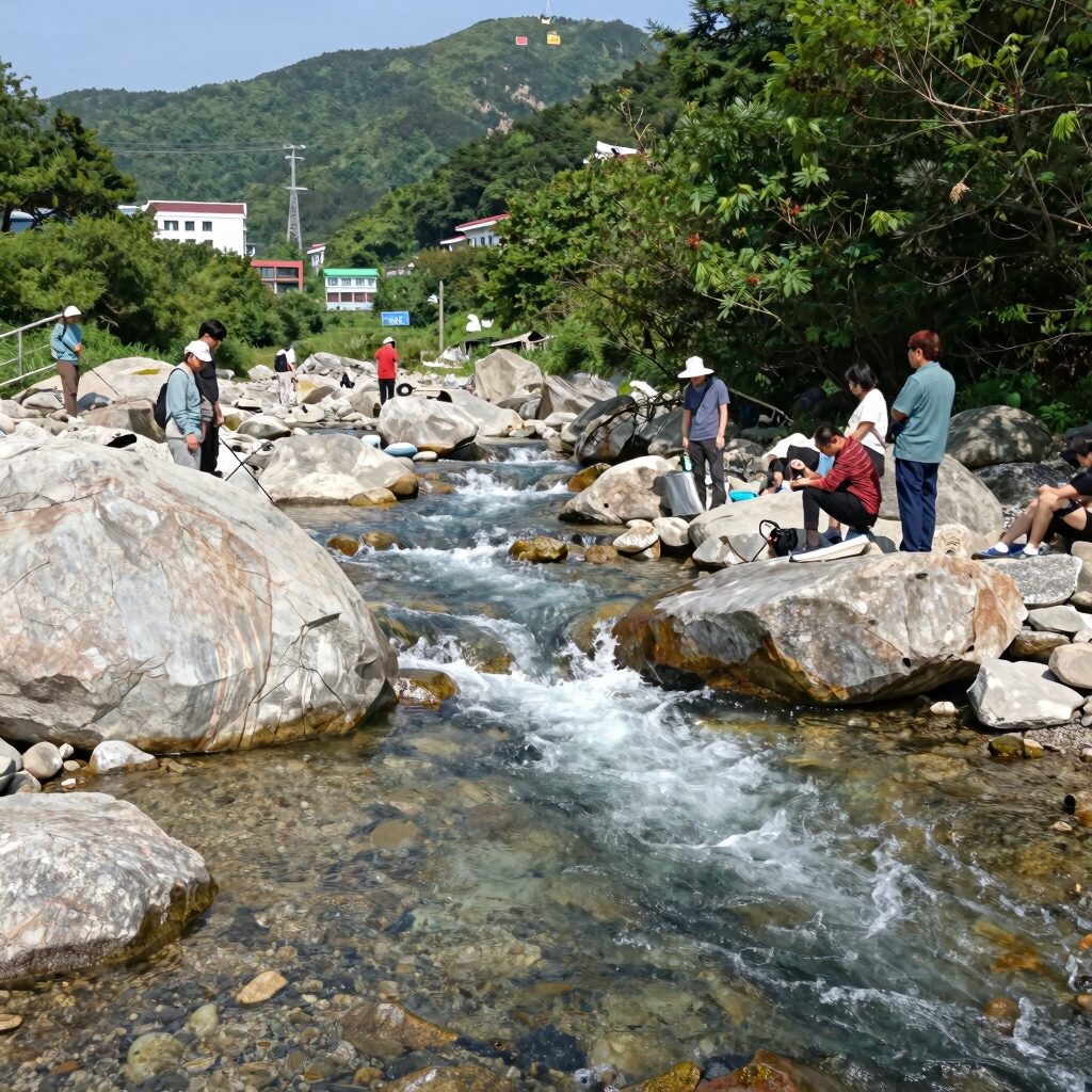 영월 계곡 캠핑장에서 바라본 맑은 계곡 물과 주변 풍경