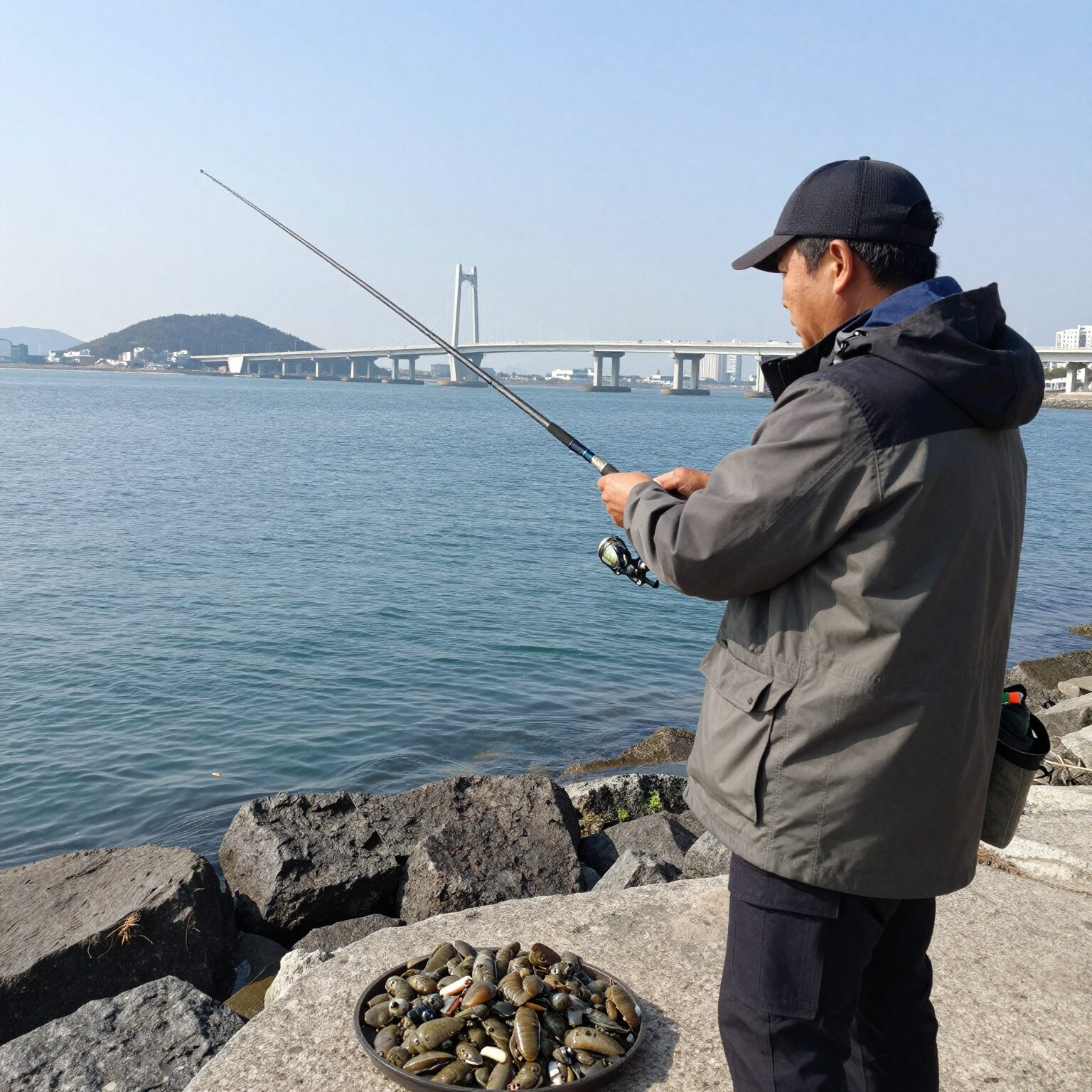 여수 종포해양공원에서 문어 워킹 낚시하는 모습, 돌산대교와 장군도가 보이는 배경