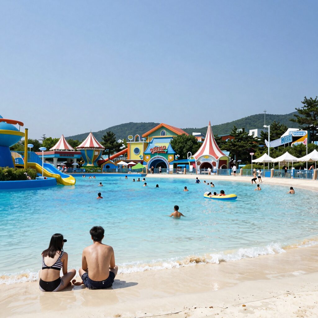 용인 에버랜드 캐리비안베이 물놀이장 전경 파도풀과 유수풀이 보이는 여름 풍경