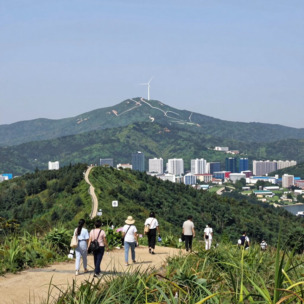 평창 청옥산 육백마지기에서 바라본 풍경, 샤스타데이지와 풍력발전기가 어우러진 여름 전망